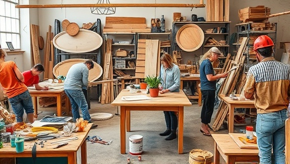 An image of a vibrant workshop setting with participants creatively upcycling construction waste materials into bespoke furniture pieces, surrounded by tools, paints, and recycled materials, capturing the essence of innovation and sustainability at ReConstruct Artistry's workshops.