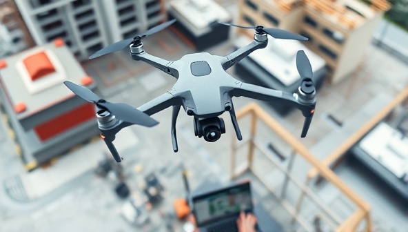 A drone hovering above a construction site, capturing aerial imagery and mapping data, with architects analyzing the digital map on a laptop, showcasing the innovative use of drones in architectural surveying and planning.