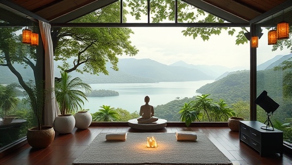 An immersive and tranquil virtual retreat setting with soothing nature sounds, calming visuals, and relaxing wellness activities, creating a serene and rejuvenating online wellness experience for participants.