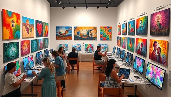 A virtual gallery showcasing colorful artworks created during online art jamming sessions, with participants painting together on individual screens, capturing the essence of creativity and collaboration.