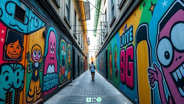 An urban alleyway transformed into an AR wonderland, with colorful murals that come to life through smartphone screens, revealing animated characters, interactive games, and dynamic brand messaging, immersing viewers in a captivating AR street art campaign that blurs the line between reality and digital creativity.