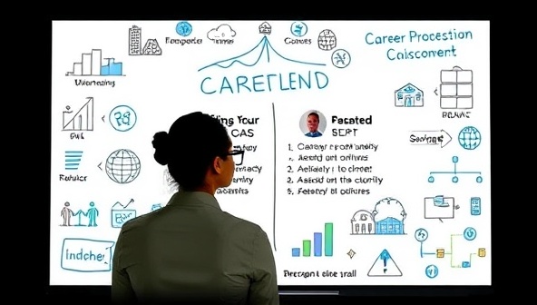 A virtual career coaching session in progress, with a career coach and a client discussing career goals and development strategies on a digital whiteboard, surrounded by icons representing various industries and job roles, symbolizing career growth and advancement.
