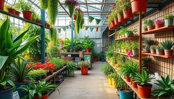 A lush and inviting plant nursery setting filled with a variety of indoor and outdoor plants, interactive plant-care stations, and botanical art installations, creating a vibrant and educational atmosphere for plant enthusiasts and nature lovers.