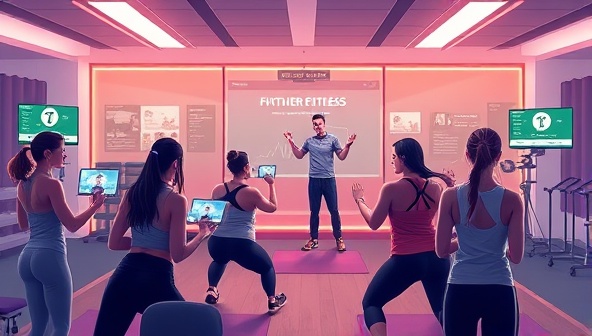An engaging digital illustration capturing a dynamic fitness masterclass scene with an expert instructor leading a group of virtual participants through a high-energy workout, with interactive elements, real-time feedback, and motivational cues, illustrating the immersive and educational experience of FitMaster Sessions.