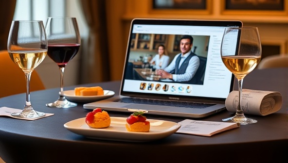 An elegant tabletop display featuring gourmet bites, wine glasses, and tasting notes, alongside a laptop screen showing a sommelier leading a virtual food and wine pairing session, conveying the sophistication and indulgence of the experience.