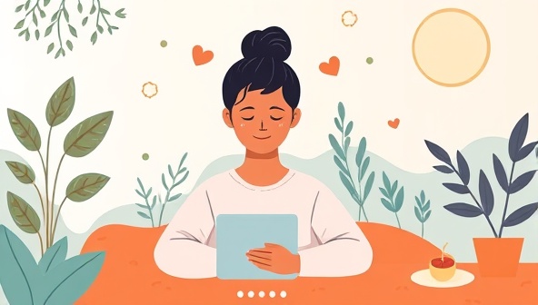 An emotional illustration depicting a person receiving virtual mental health support through a video call with a compassionate therapist, surrounded by calming elements like nature scenes and relaxation tools, showcasing the compassionate care provided by MindCare Connect's telemedicine platform.