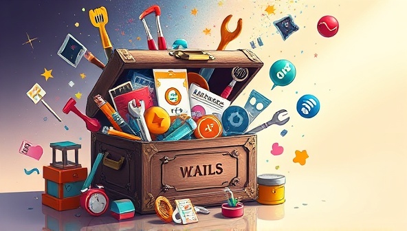 An imaginative depiction of a magical toolbox overflowing with design resources, graphics, and tools, symbolizing the abundance of creativity and possibilities available to subscribers of DesignBox Pro's web design toolbox, sparking inspiration and innovation in design projects.