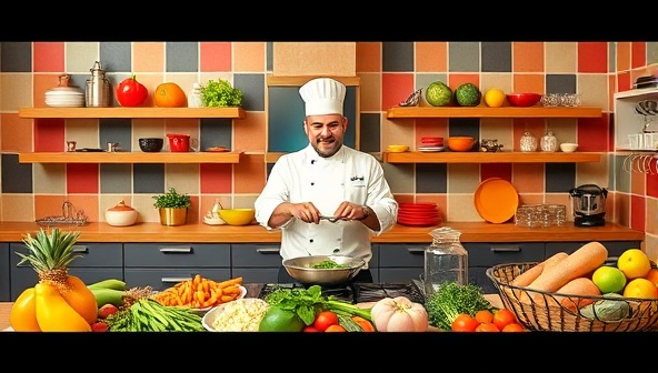 A colorful kitchen setting with a chef demonstrating a cooking technique online, surrounded by fresh ingredients and cooking utensils, creating a vibrant and interactive learning environment.