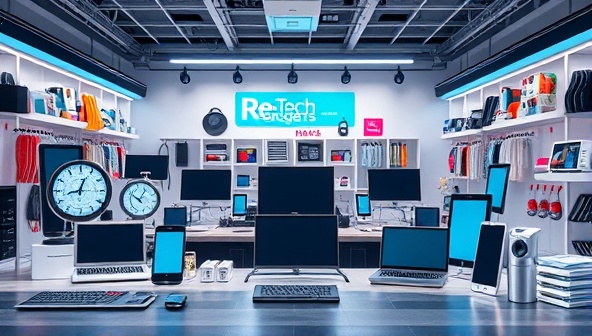An imaginative digital layout featuring a diverse collection of refurbished electronic devices and gadgets displayed in a futuristic online marketplace, symbolizing the concept of sustainability and tech affordability within the ReTech Gadgets Hub ecosystem.