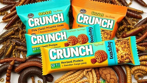 An eye-catching product display featuring Cricket Crunch snack bars in vibrant packaging, surrounded by cricket and mealworm specimens, highlighting the sustainable protein source and the unique ingredient of the snack bars.