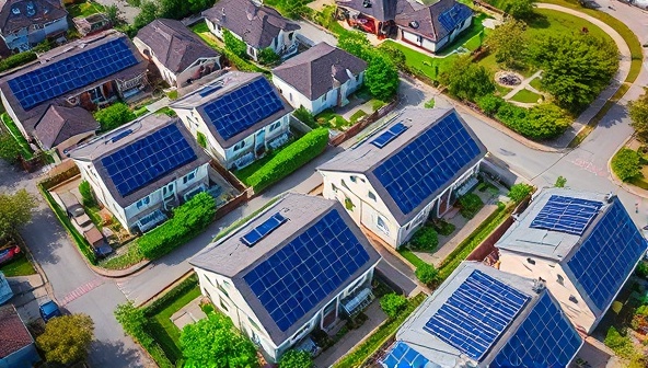 An aerial view of a residential community with solar panels installed on rooftops, creating a sustainable and energy-efficient neighborhood, surrounded by green spaces and clean energy sources.