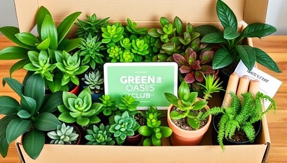 An assortment of lush houseplants and succulents arranged in a Green Oasis Club subscription box, accompanied by plant care guides, decorative pots, and watering tools, showcasing the diversity and vibrancy of the plant collection.