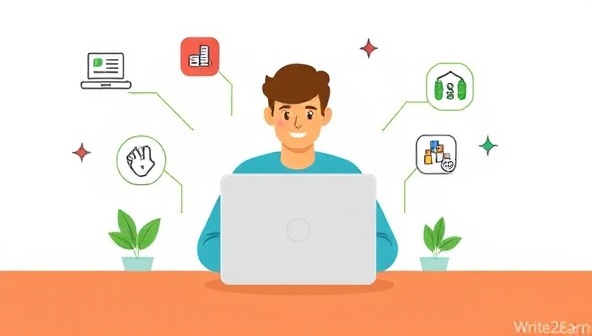 An illustration of a writer receiving a virtual payment notification on their laptop, surrounded by icons representing different revenue channels such as subscriptions, donations, and sponsored content, symbolizing the diverse income opportunities available on Write2Earn.
