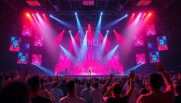 An electrifying visual representation of a virtual music concert stage with dynamic lighting, digital effects, and virtual audience avatars cheering and dancing to the music, capturing the energy and excitement of TuneLink Live's interactive online music concerts.