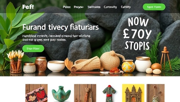 An online marketplace homepage featuring a diverse array of eco-friendly travel souvenirs, including handmade crafts, recycled materials, and sustainable products, with a backdrop of nature and community artisans, highlighting the ethical and unique offerings of the platform.