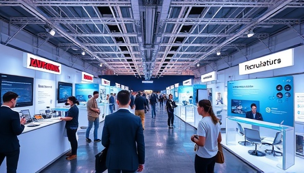 An immersive VR environment showcasing a digital job fair with virtual booths of various companies, job seekers exploring the virtual space, and recruiters conducting interviews, illustrating the futuristic and engaging nature of the VR job fair platform.