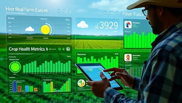 An immersive digital dashboard displaying real-time farm data, weather forecasts, and crop health metrics, with a farmer analyzing the information on a tablet, representing the seamless integration of technology in modern agriculture.