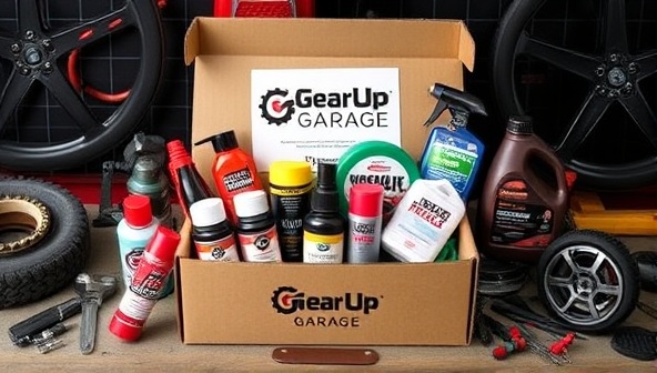 An assortment of car maintenance products neatly arranged in a subscription box, surrounded by car tools and accessories, creating a visually appealing and informative image representing the GearUp Garage subscription service.
