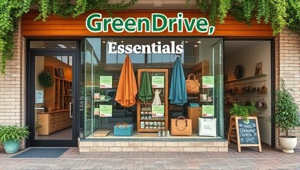 An inviting storefront of GreenDrive Essentials showcasing a display window filled with eco-friendly car accessories, featuring natural colors and earthy elements to convey a sense of sustainability and eco-consciousness to passersby.