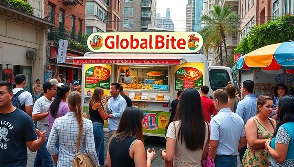 A vibrant and bustling street food scene with the GlobalBite Food Truck at the center, surrounded by customers of diverse backgrounds enjoying colorful and aromatic dishes from around the world, creating a lively and multicultural culinary experience.