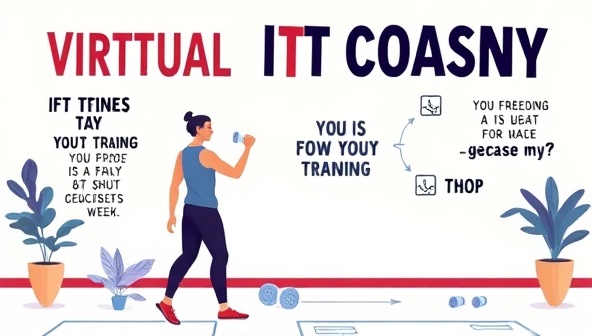An energetic illustration of a virtual fitness coaching session, featuring a trainer demonstrating exercises, a client following along, and motivational quotes in the background, creating a dynamic and engaging workout environment.