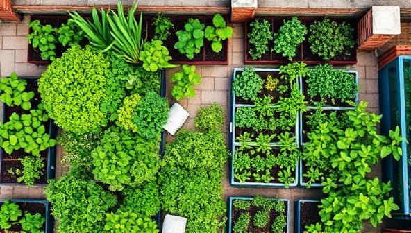 An aerial view of a lush rooftop garden filled with vibrant vegetables, herbs, and flowers, with members tending to their plots and a communal area for workshops and gatherings, illustrating the concept of urban rooftop farming and community collaboration.