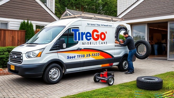 An engaging visual of a TireGo Mobile Care service van parked in a customer's driveway, with a technician efficiently changing tires on a vehicle, surrounded by a toolbox and mobile tire service equipment, showcasing the convenience and expertise of the on-demand tire maintenance service.