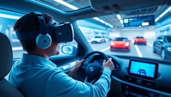 An imaginative illustration of a person wearing a VR headset inside a virtual car showroom, interacting with a digital vehicle and experiencing a lifelike test drive simulation, showcasing the futuristic and engaging nature of VR Drive Experience's virtual platform.