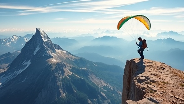A stunning mountain peak with a daring adventurer taking a leap off a cliff in a vibrant paragliding scene, capturing the essence of thrill and adventure in the great outdoors.