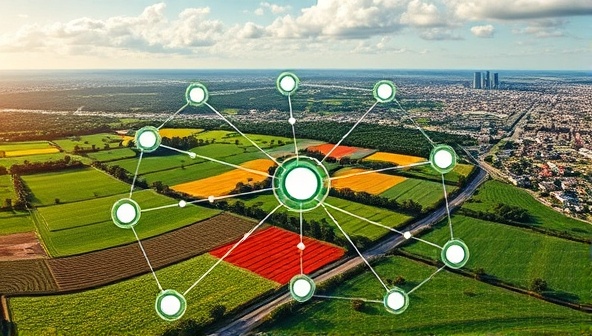 An abstract depiction of a digital blockchain network connecting various food sources, distribution channels, and consumer touchpoints, represented by interconnected nodes and data flows, set against a backdrop of lush farmland and urban cityscapes, symbolizing the fusion of technology and food transparency.