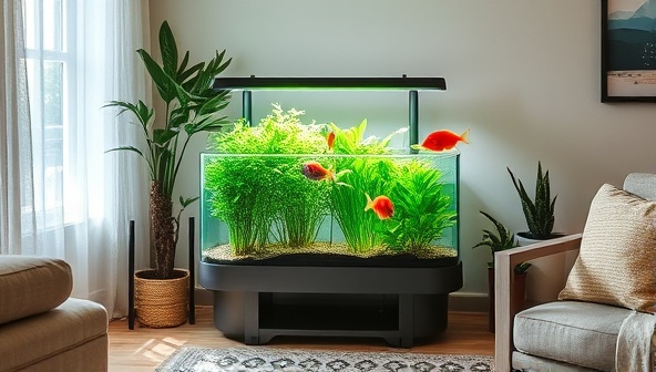An aesthetically pleasing living room corner transformed into a mini aquaponic farm with a sleek AquaHarvest Kit featuring lush green plants growing in harmony with colorful fish swimming in a clear, self-sustaining ecosystem, illustrating the beauty and functionality of aquaponic home farming.