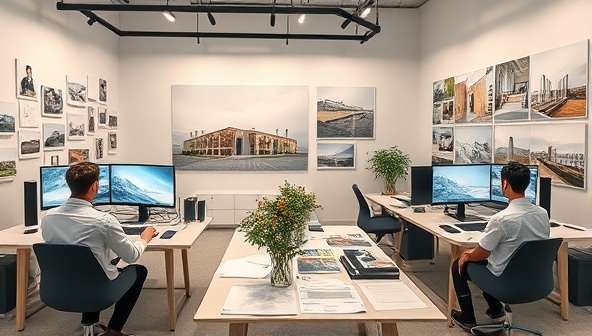 An architectural visualization studio with artists working on creating photorealistic renderings of buildings, interiors, and landscapes on powerful computers, surrounded by design sketches and mood boards, illustrating the creativity and expertise of the visualization service.