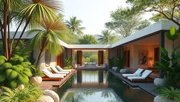 A serene architectural rendering of a wellness retreat surrounded by lush greenery, tranquil water features, and natural light-filled spaces, illustrating the harmonious blend of architecture and wellness in ZenSpace Architecture's designs.