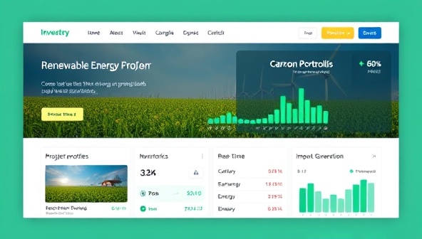 An investment platform interface showcasing renewable energy project profiles, investor portfolios, and real-time impact metrics like carbon savings and energy generation, illustrating a transparent and engaging platform for sustainable investing.