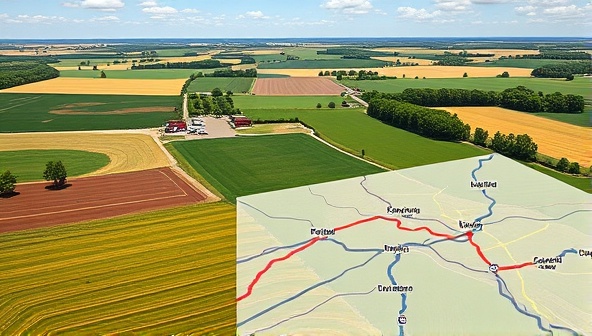 A scenic rural landscape with a digital map overlay showing multiple routes and carpooling connections between farms and small towns, illustrating the convenience and community-building aspect of CountryCarpool.