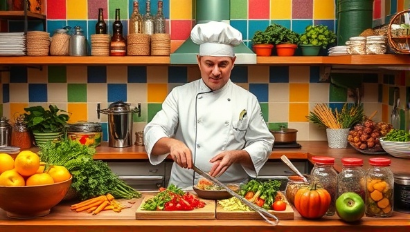 A vibrant and colorful kitchen setting with a chef demonstrating a cooking technique, surrounded by fresh ingredients and cooking utensils, conveying a sense of culinary expertise and creativity.