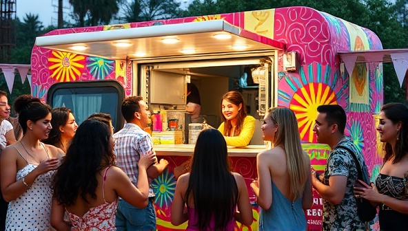 A vibrant food truck wrapped in colorful patterns, serving a fusion dish that combines elements from different cuisines, surrounded by a diverse group of customers smiling and enjoying the food, creating a lively and engaging atmosphere.