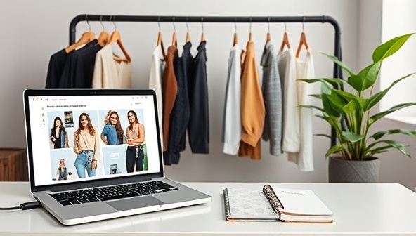 A sleek and modern virtual styling studio setup with a laptop displaying fashion inspiration boards, a rack of curated clothing pieces, a stylish notebook, and a trendy plant, creating a chic and inviting atmosphere.