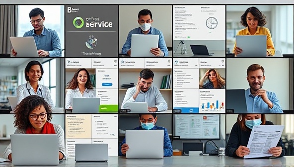 An image of a diverse team of remote translators working collaboratively on translating official government documents in various languages, showcasing the global reach and linguistic expertise of the service.