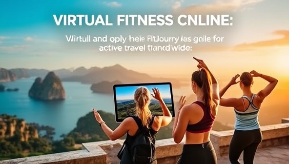 A dynamic image showcasing a virtual fitness class on the go, featuring travelers participating in workouts against scenic backdrops, highlighting the flexibility and convenience of FitJourney Online for active travelers worldwide.
