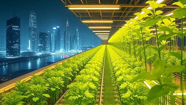 An artistic illustration of a futuristic vertical farm with rows of lush green plants growing under artificial lights, showcasing the innovative and sustainable approach to indoor farming for fresh produce, set against a backdrop of a bustling cityscape.