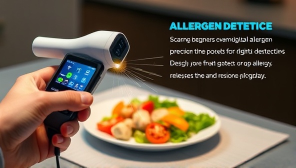 A sleek and modern image of the AllergenSense device in action, scanning a plate of food with allergens highlighted on a digital display, emphasizing precision and user-friendly design for quick and reliable allergy detection.