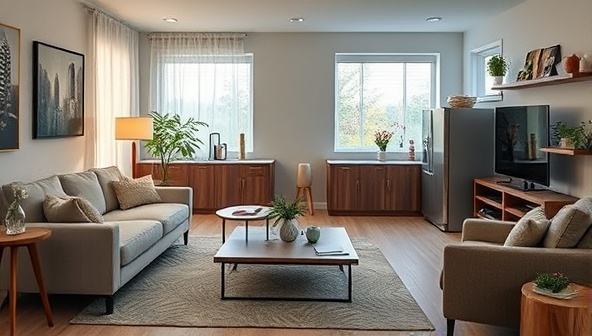 An inviting living room setting with modern, energy-efficient appliances and smart devices seamlessly integrated into the decor, controlled by a central smart home hub, showcasing the convenience and sustainability of EcoSync Home kits in a typical household environment.