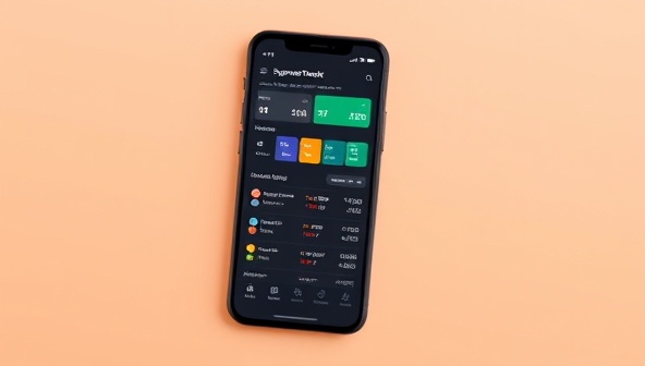 A smartphone screen displaying the ExpenseTrackr app interface with colorful graphs and charts showcasing expense categories and budget tracking, symbolizing ease and efficiency in managing finances.