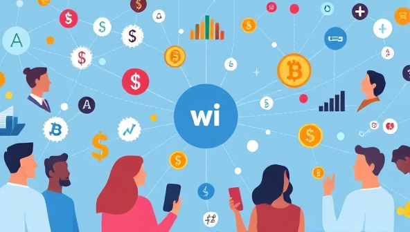 An interconnected network of diverse individuals exchanging digital currency icons, stock symbols, and investment graphs, symbolizing the collaborative and inclusive nature of WealthWise Connect's peer-to-peer micro-investment platform.