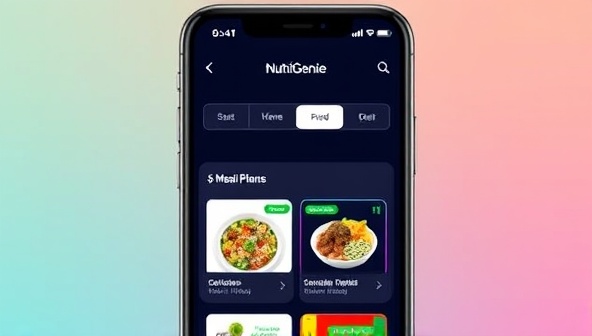 An engaging visual of a smartphone screen displaying the NutriGenie app interface, featuring colorful graphics of personalized meal plans, nutritional tips, and a user-friendly design, highlighting convenience and customization.