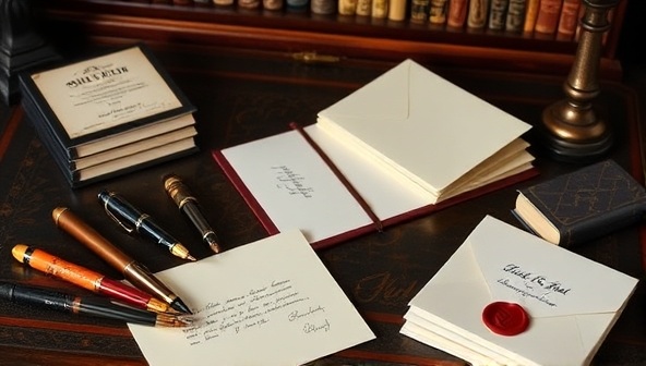 An elegant writing desk adorned with decorative pens, wax seals, and stacks of beautifully crafted letters, exuding a sense of nostalgia and sophistication, capturing the essence of personalized letter writing and emotional connections.