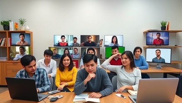 An interactive online language classroom setting with diverse students engaging in virtual language exercises, cultural discussions, and language games, fostering a sense of cultural exchange and language immersion.