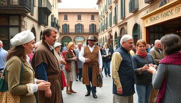 An engaging and immersive food history tour scene featuring a guide in historical attire leading a group through a bustling market square, with participants sampling traditional foods, listening to stories of bygone eras, and interacting with local vendors, capturing the essence of Flavors of the Past's educational and gastronomic experience.