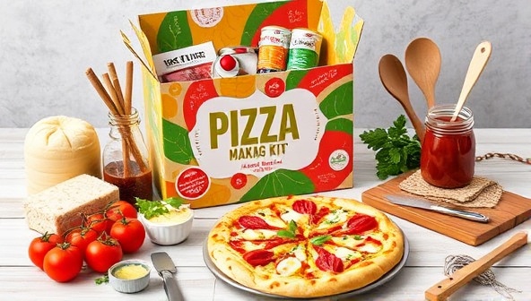 A vibrant and dynamic image of a colorful pizza making kit box overflowing with fresh ingredients, pizza dough, sauces, and toppings, surrounded by kitchen utensils and a completed gourmet pizza as a visual representation of the DIY culinary experience offered by PizzaCraft Kits.